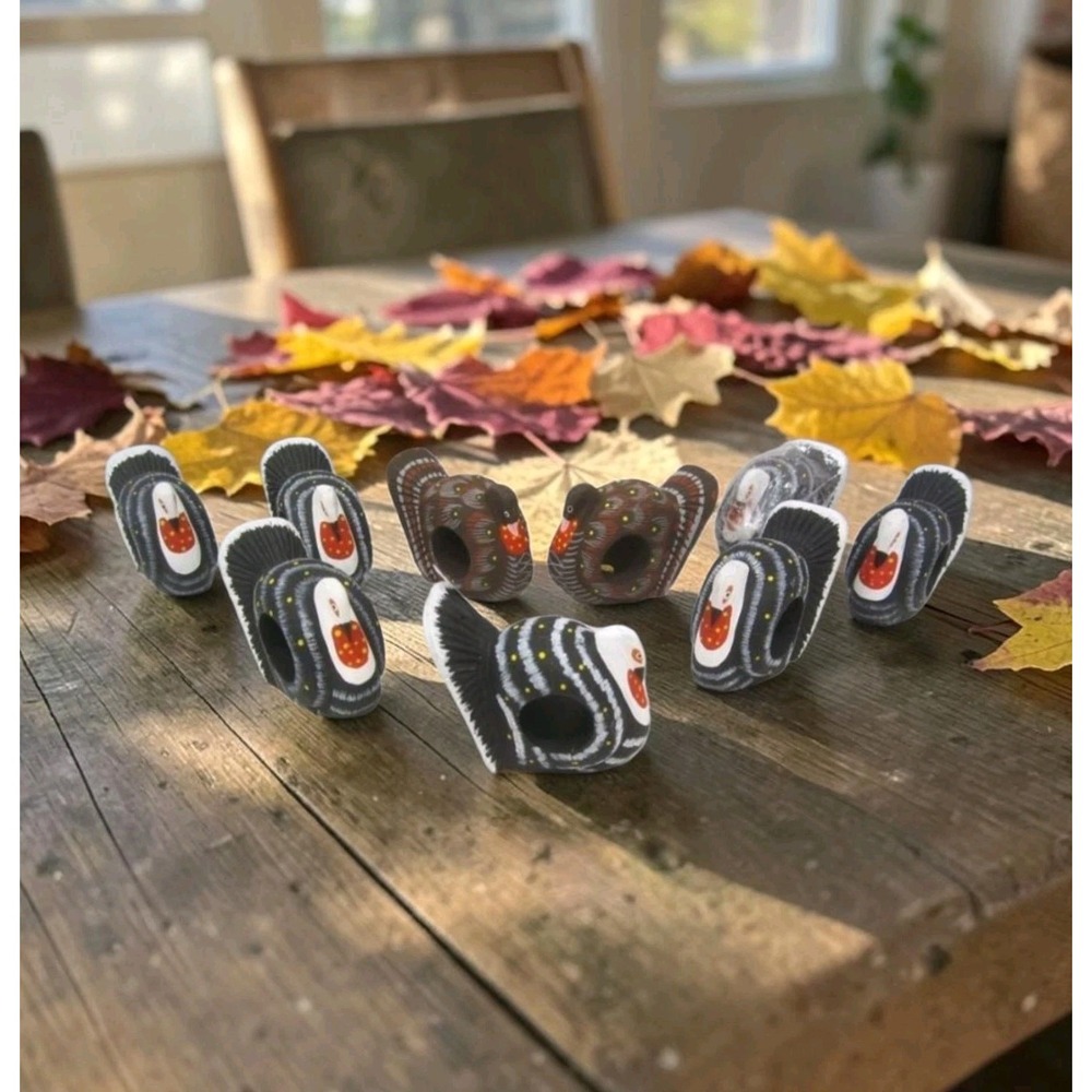 Turkey Napkin Rings Handpainted Wood - Thanksgiving Holiday Dinner set of 9